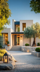 Fototapeta premium Modern Elegance A Contemporary Desert Home with Stone Accents and Lush Greenery
