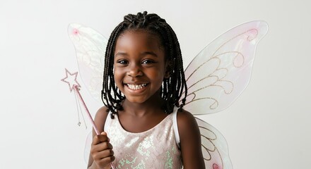 Happy Young Black Girl Dressed as a Fairy with Sparkly Wings and Wand Isolated on White Background