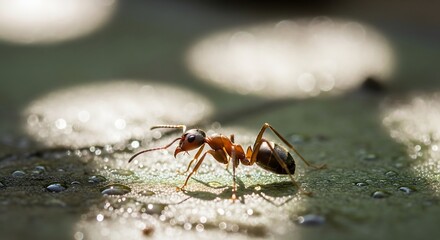 Close-up Macro Shot of a Red Ant Walking on a Wet Surface with Bokeh Lights
