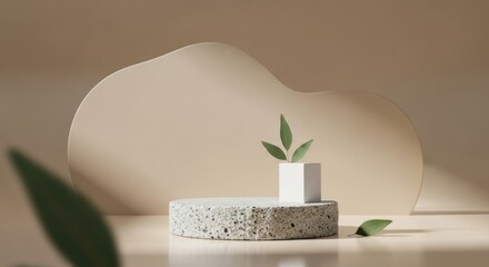 Minimalist podium with green leaves and soft light, evoking natural elegance and serenity.