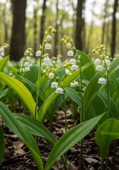 Fototapeta premium Fragrant elegance: Lily of the valley blooming amidst a lush woodland setting captivating the senses