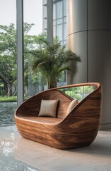 A contemporary wooden bench, sculpted in a smooth, organic form, sits in a modern lobby, bathed in natural light and showcasing a serene setting.