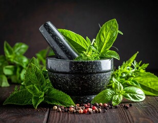 Fresh herbs and spices in mortar and pestle