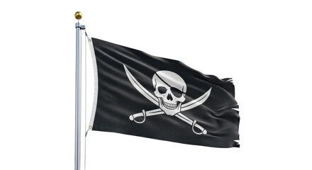 Isolated pirate flag flying, black flag, skull and crossbones, wind waving on flagpole