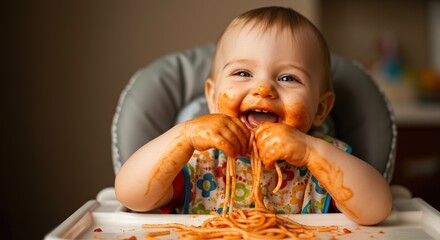 Joyful baby eating messy spaghetti in high chair a messy but happy mealtime