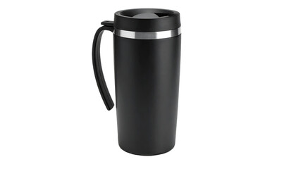 Black insulated travel mug with handle