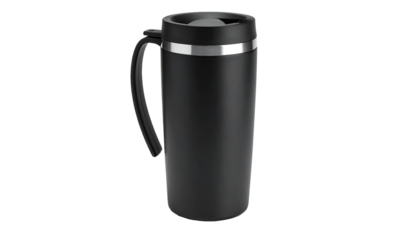 Black insulated travel mug with handle