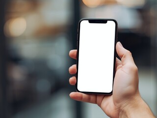 Hand holding smartphone with blank screen for mockup template, hi tech product promotion