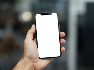 Hand showcasing a modern smartphone with a blank screen for app promotion purposes