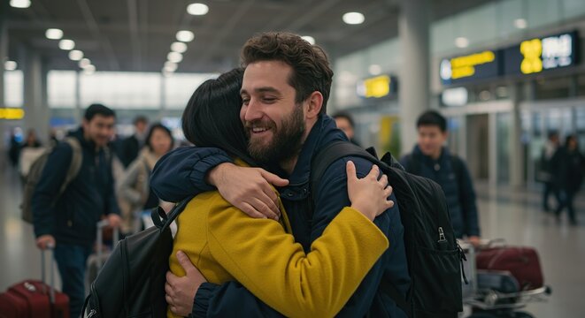 Happy Couple Embracing Together Upon Arrival At Busy Airport Terminal After Long Journey