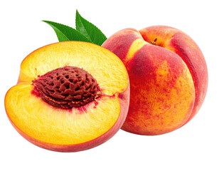Two fresh peaches, one halved, displaying vibrant colors and a juicy interior