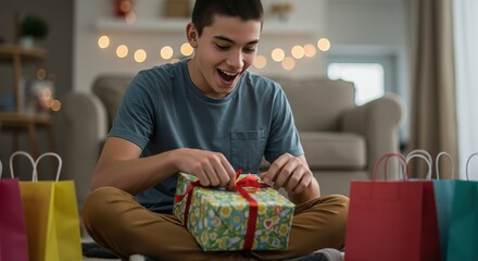 Excited teenage boy opening a gift with a red ribbon surrounded by colorful gift bags a cozy home