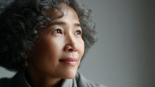 An expressive Asian woman's thoughtful gaze reflects peace and contemplation, revealing the beauty of aging with natural grace. - Powered by Adobe