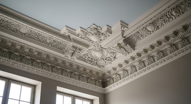 Intricate plasterwork ceiling detail, capturing ornate architectural moldings and classical design elements within a