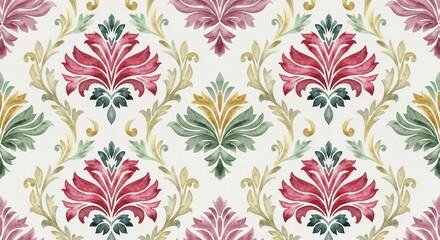 Elegant damask pattern with ornate floral motifs in soft colors, perfect for vintage decor.