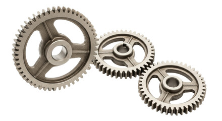 Isolated Gears in Silver Gray, Three Steel Cogwheels in Mechanical Arrangement, Industrial