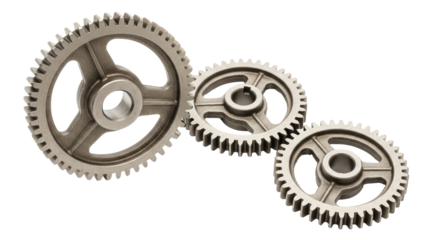 Isolated Gears in Silver Gray, Three Steel Cogwheels in Mechanical Arrangement, Industrial