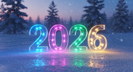 Glowing 2026 New Year Numbers in Snowy Winter Forest Landscape