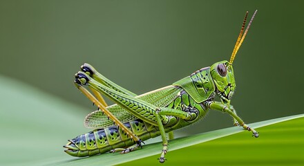 Close-up Macro Shot of a Vibrant Green Grasshopper Resting on a Leaf