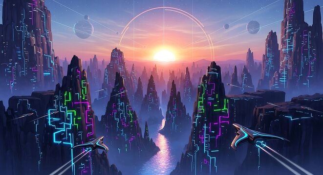 Neon-Laced Peaks: A Futuristic River Valley at Sunset with Futuristic Flight