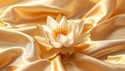 Delicate white water lily blooms atop shimmering golden fabric