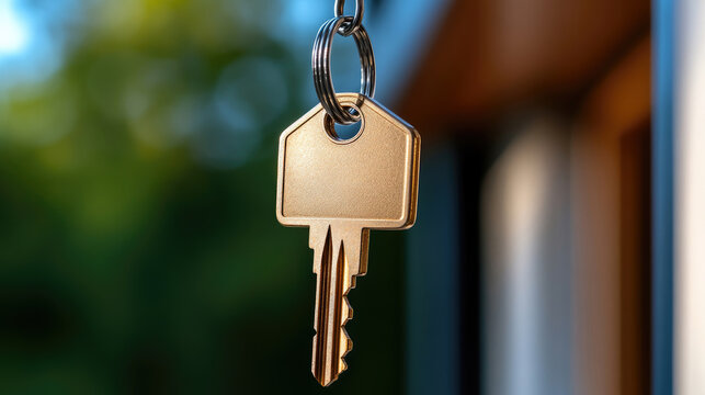 Golden house-shaped key hanging on a silver keyring. Symbolizing new ownership. Homebuying. Real estate investment. Unlocking dreams. Security