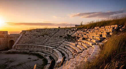 Ancient Roman Amphitheater Ruins at Golden Sunset.