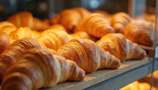 Golden brown croissants and brioche pastries arranged on a wooden shelf. Freshly baked goods offer a delicious morning treat for breakfast or snack. The assortment looks tempting and ready to eat.