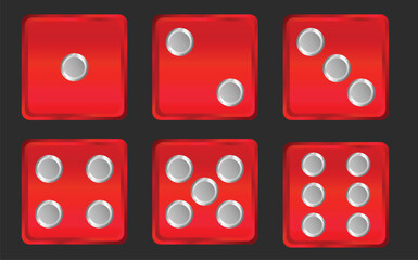 A set of six red dice showing all possible faces from one to six pips, arranged in a grid on a dark background.
