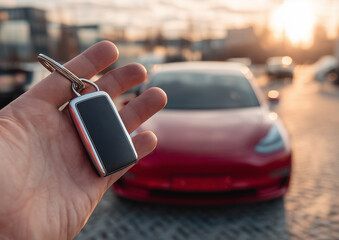 Ai holding a car key fob with a red electric vehicle in the background during sunset