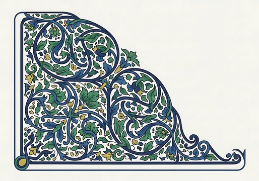 Ornate blue corner flourish design with a green leaves illustration