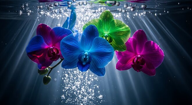 Submerged beauty, vibrant orchids dancing in an aquatic dreamscape