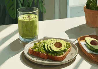 Ai healthy breakfast featuring avocado toast and green smoothie in a sunny kitchen