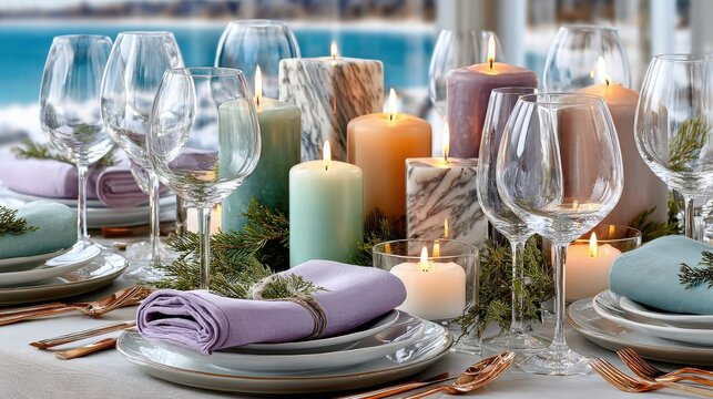 Elegant dining table setup with candles and wine glasses for a festive occasion - Powered by Adobe