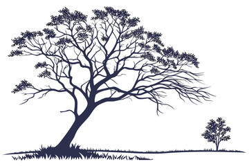 Half-Leafy Tree, Birds and Forest Hills Vector - Duotone Nature Graphic