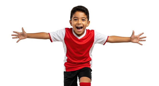 Young energetic boy wearing red and white soccer jersey celebrating victory arms outstretched isolated on white background - Powered by Adobe