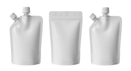 Isolated set of flexible blank container, pouch, doypack with spout for food liquids mockup