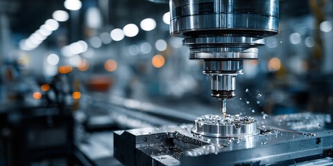 Precision machining in action as a CNC mill carves intricate metal parts with sparks flying showcasing advanced manufacturing and industrial innovation