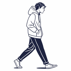 Young Man in Casual Hoodie Walking Alone in Simplistic Vector image isolated on white background.