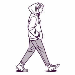 Young Man in Casual Hoodie Walking Alone in Simplistic Vector image isolated on white background.