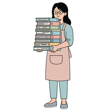 Illustration of a woman carrying a tall stack of books, wearing glasses and apron. Perfect for education, library, study, and knowledge themes.