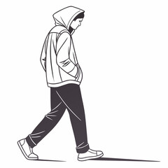 Young Man Wearing a Hoodie Walking Alone Seen from Behind in a Minimalist Vector Illustration