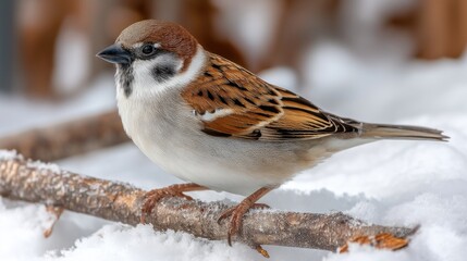 A small bird rests on a snow-dusted branch, enjoying the serene winter landscape as snowflakes gently fall around it