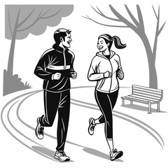 Couple Jogging Together in a Black and White Illustration with Dynamic and Energetic Style.
