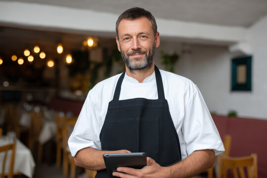 Male chef in a restaurant holding a tablet, wearing a black apron, with a warm ambiance and dining setup in the background, showcasing culinary expertise - Powered by Adobe