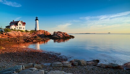 Fototapeta premium calm early morning at low tide below bass harbor light house