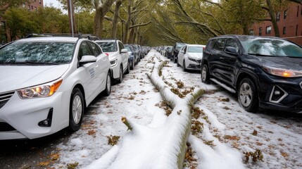 A residential street is obstructed by a fallen tree, with vehicles lined up on both sides amidst a blanket of snow