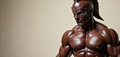 Chocolate gladiator sculpture with masked face. Muscular male figure with shiny dark brown chocolate body. Detailed texture, realistic craftsmanship. Warrior statue with armor on beige background.