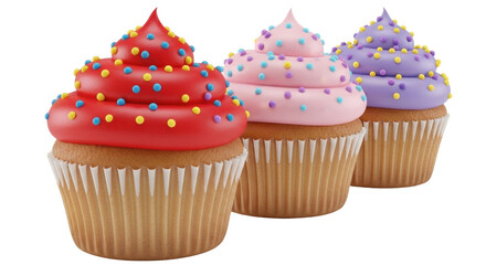 Isolated Three colorful cupcakes with sprinkles, sweet treat for dessert, party snack food