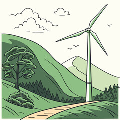 Stylized illustration of a wind turbine standing tall in a lush green landscape with rolling hills and a winding path